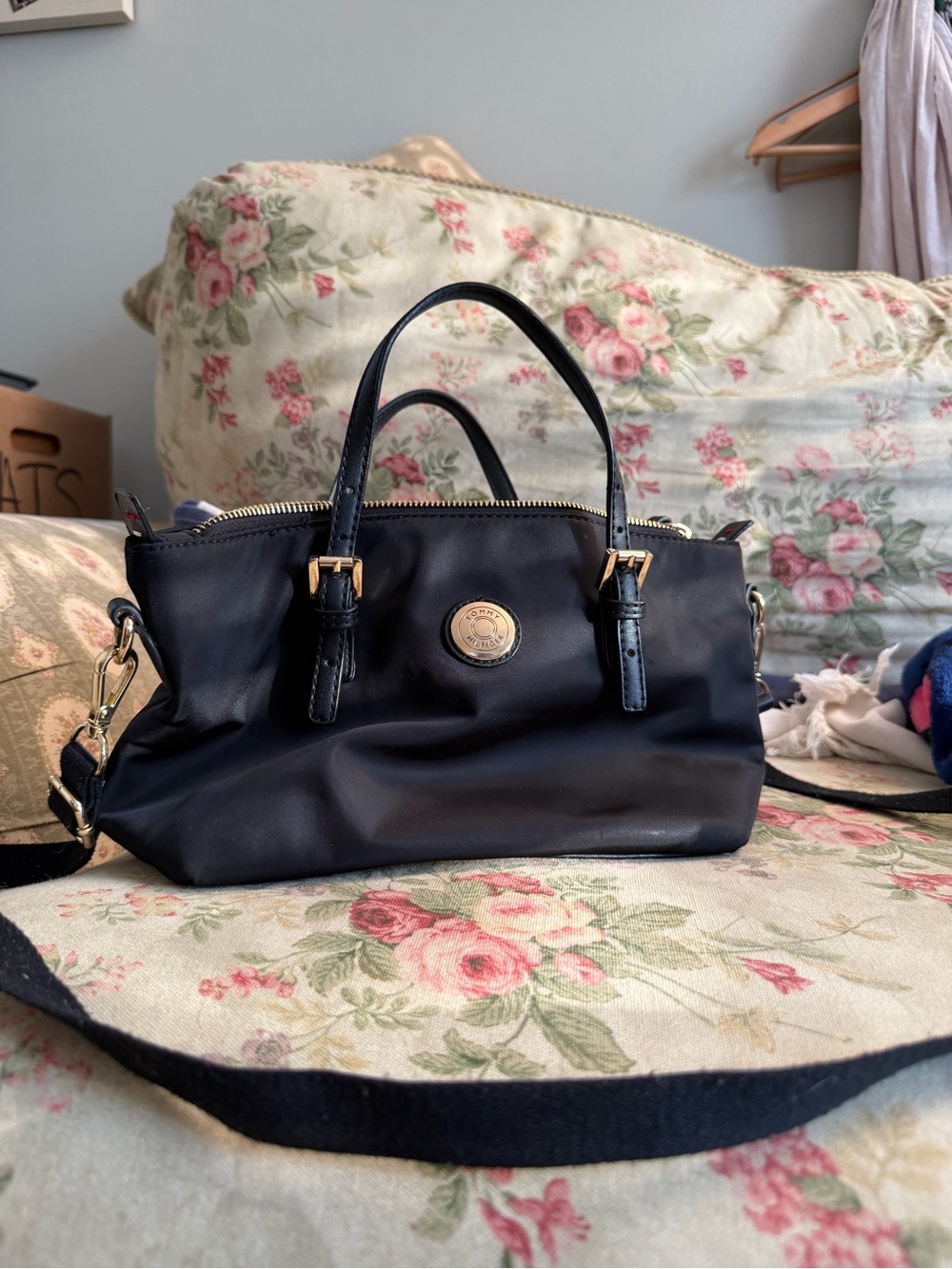 Tommy Hilfiger Black Satchel with Gold-Tone Medallion